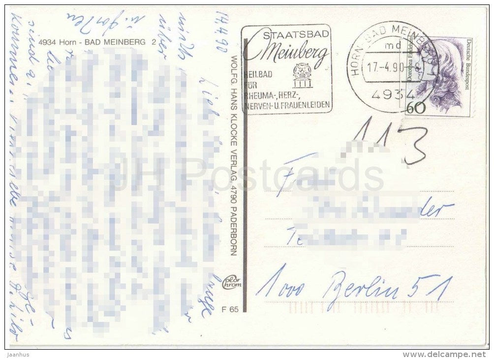 Herzliche Grüsse aus dem Staatsbad Meinberg - 4934 - F65 - Germany - 1990 gelaufen - JH Postcards