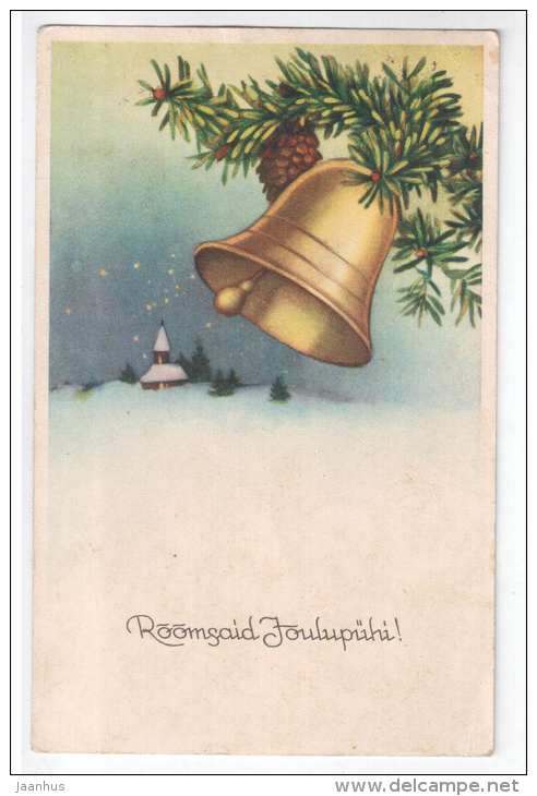 christmas greeting card - christmas bell - church - HM - old postcard - circulated in Estonia , Hageri - used - JH Postcards