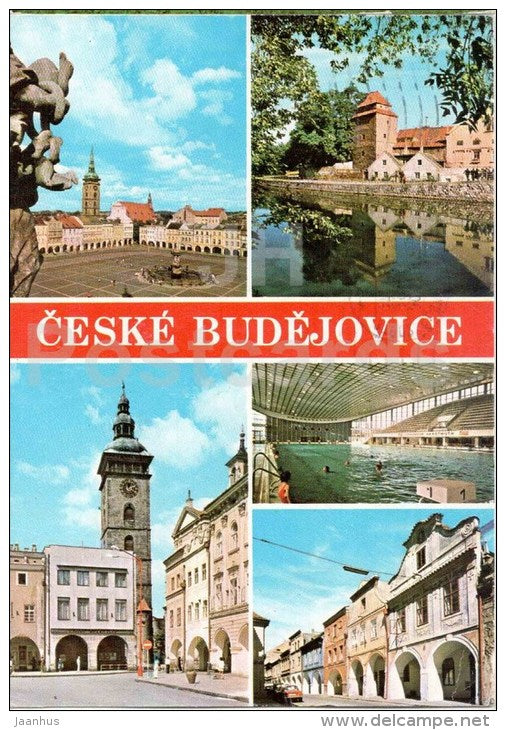 Ceske Budejovice - square - swimming pool - architecture - Czechoslovakia - Czech - used 1984 - JH Postcards