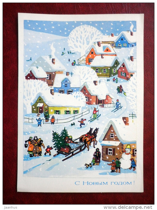 New Year greeting card - illustration by O. Trendelyeva - village - sledge - 1982 - Russia USSR - used - JH Postcards