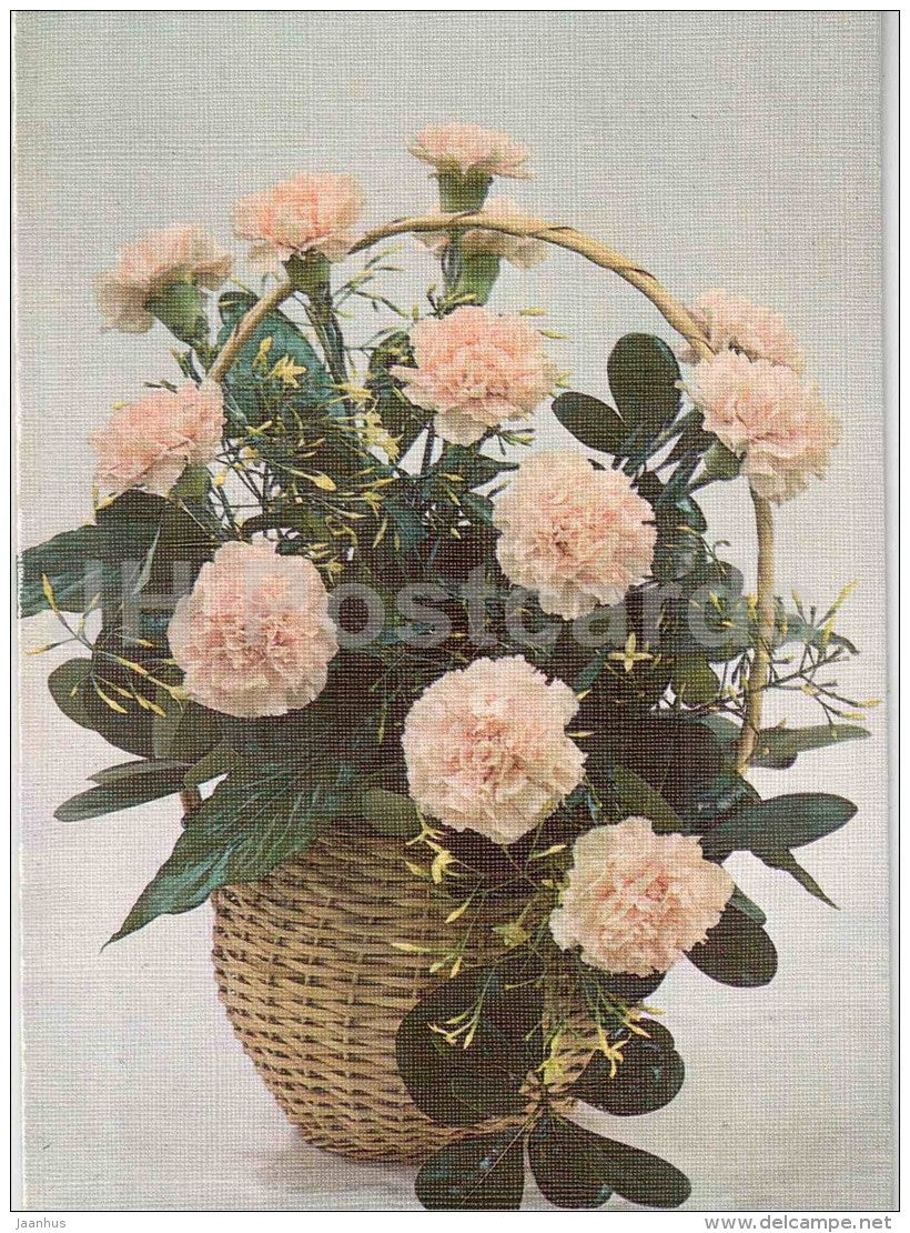 flowers composition - carnations in the basket - 1987 - Russia USSR - used - JH Postcards