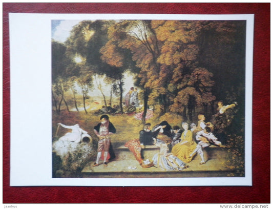 painting by Jean-Antoine Watteau , Party in the Park - french art - unused - JH Postcards