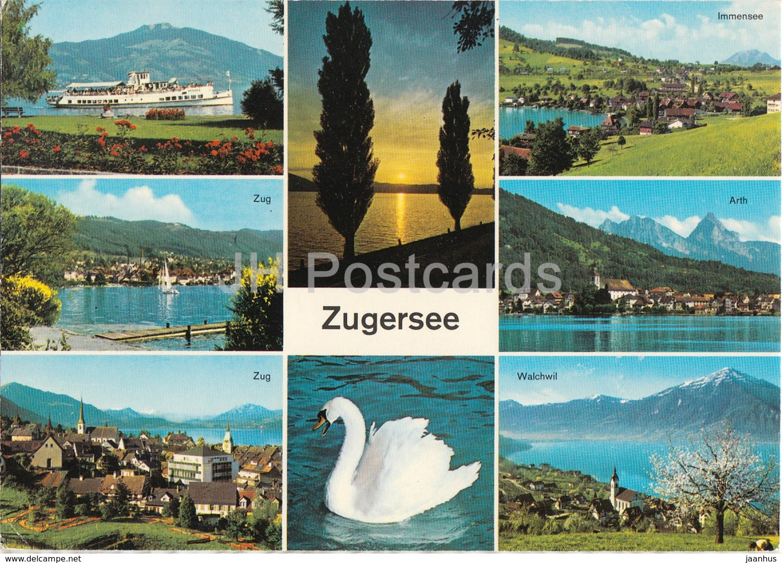 Zugersee - Zug - Walchwil - Immensee - Arth - swan - birds - Schiffahrtsgesellschaft seal - 1980 - Switzerland - used - JH Postcards