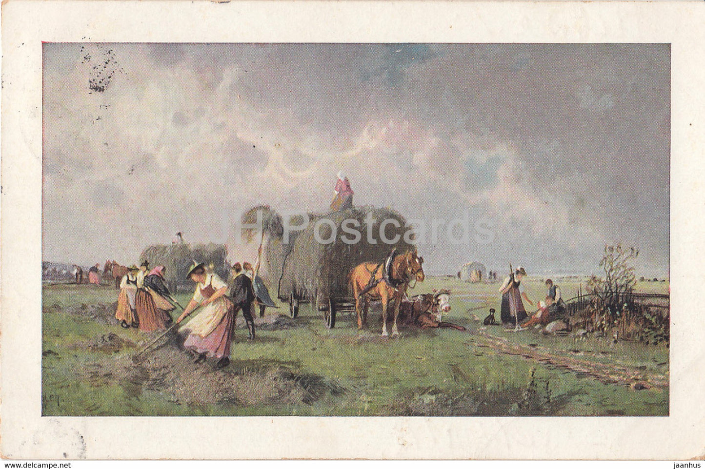 farm life - horse carriage - haymaking - illustration - T S N Serie 1275 - old postcard - 1913 - Germany - used - JH Postcards