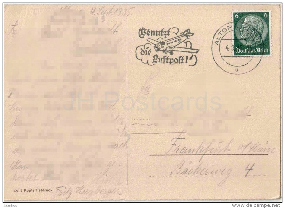 Hamburg - Bismarckdenkmal - monument - Echt Kupferdruck - Germany - 1935 gelaufen - JH Postcards