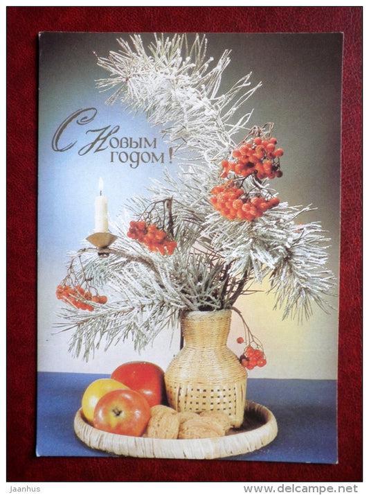 New Year greeting card - apples - rowan berries - nuts - candle - 1989 - Russia USSR - unused - JH Postcards