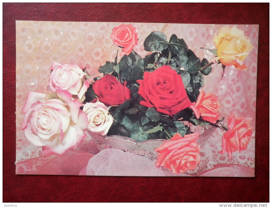 Greeting Card- red , white and yellow roses - flowers - 1981 - Russia USSR - used - JH Postcards