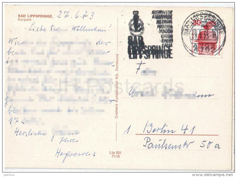 Bad Lippspringe - Kurpark - Lip 531 - Germany - 1973 gelaufen - JH Postcards