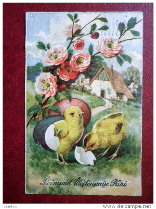 Easter Greeting Card - eggs - chicken - flowers - 1196 - circulated in Estonia 1932 , Tallinn - Estonia - used - JH Postcards