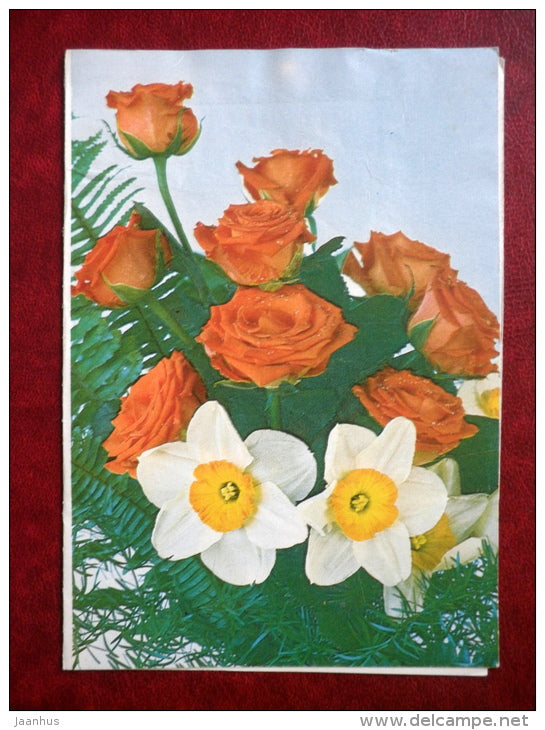 telegram - red roses and narcissus - flowers - 1990 - Estonia USSR - used - JH Postcards