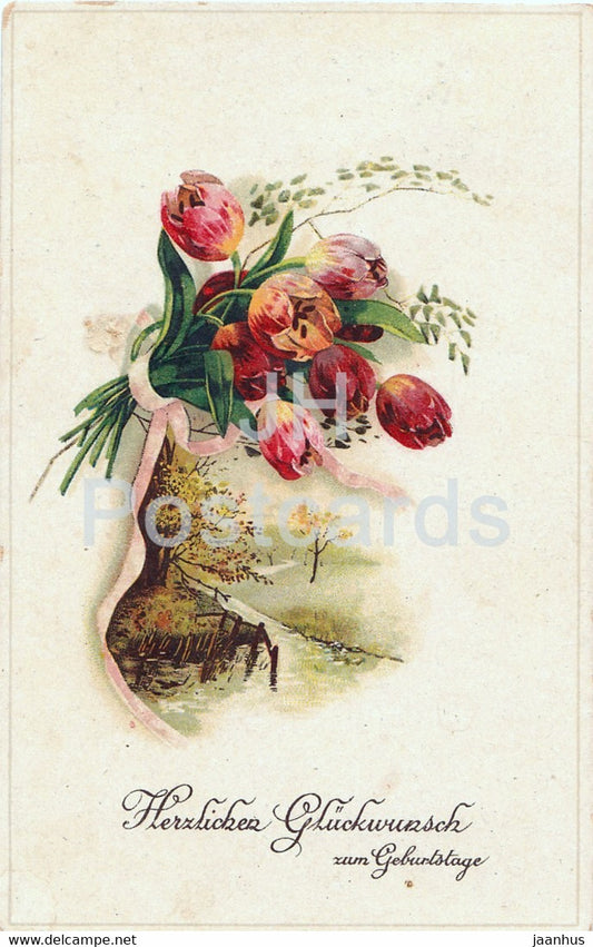 Birthday Greeting Card - Herzlichen Gluckwunsch zum Geburtstage - flowers - tulips - old postcard - 1922 Germany - used - JH Postcards