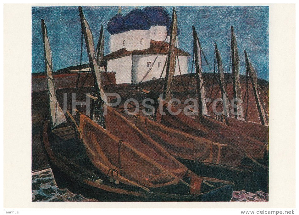 painting by P. Ossovsky - Soimy , 1967 - sailing boat - Russian art - Russia USSR - 1979 - unused - JH Postcards