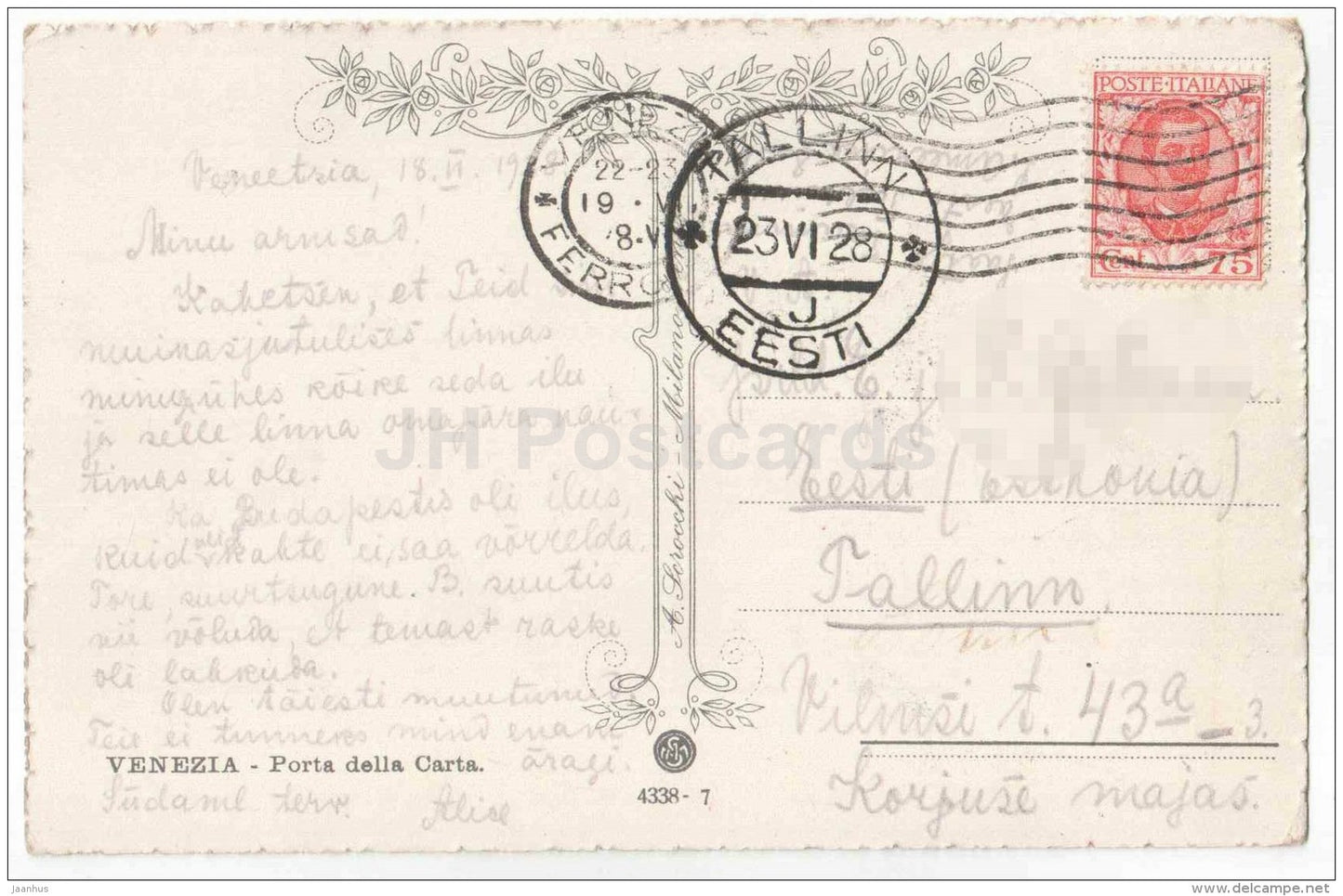Porta della Carta - illustration - Venezia - Venice - 4338 - Italy - sent from Italy Venezia to Estonia Tallinn 1928 - JH Postcards