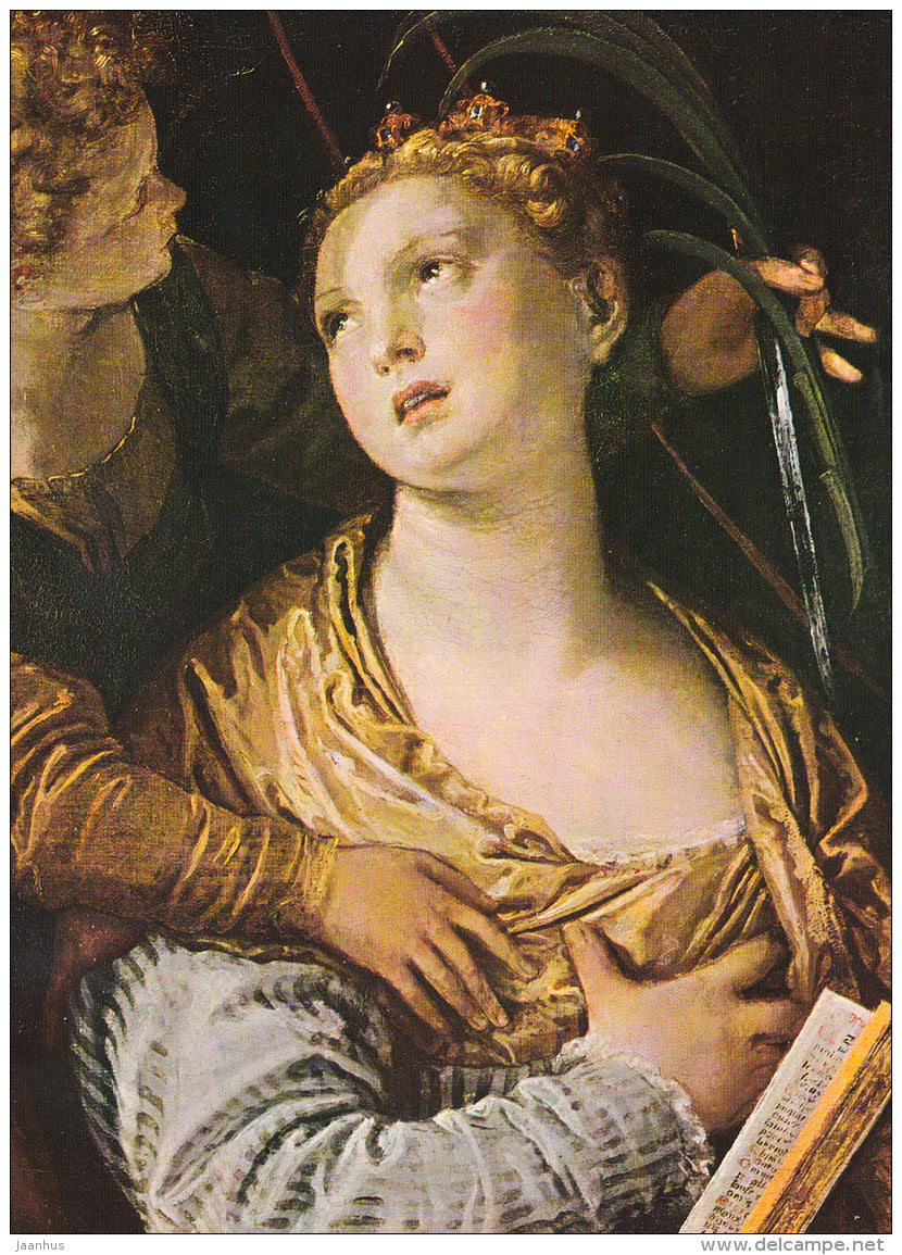 painting by Paolo Veronese - St. Catherine and the Angel , 1580 - Italian art - large format card - Czech - unused - JH Postcards