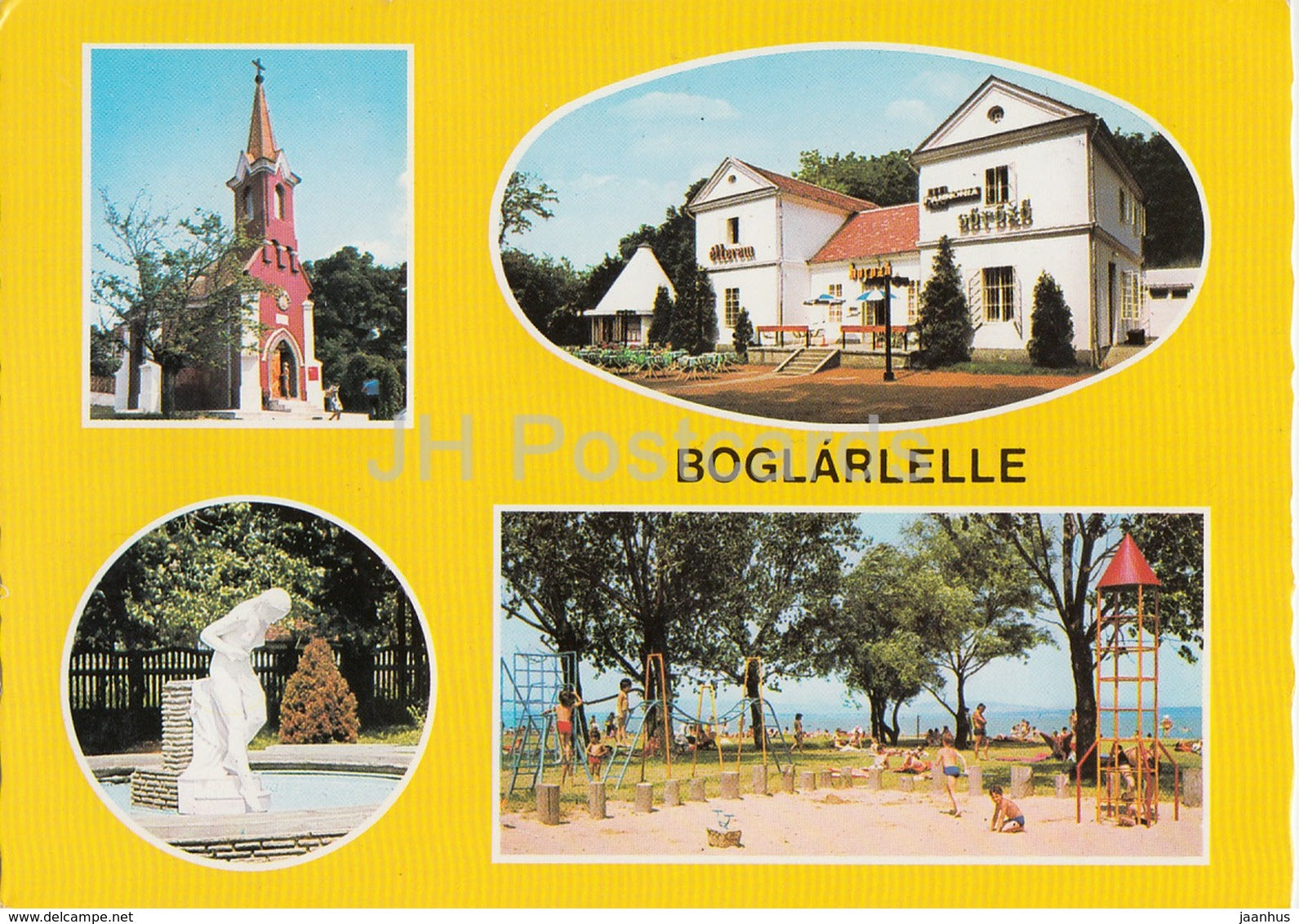 Boglarlelle - beach - sculpture - church - multiview - 1980s - Hungary - used - JH Postcards