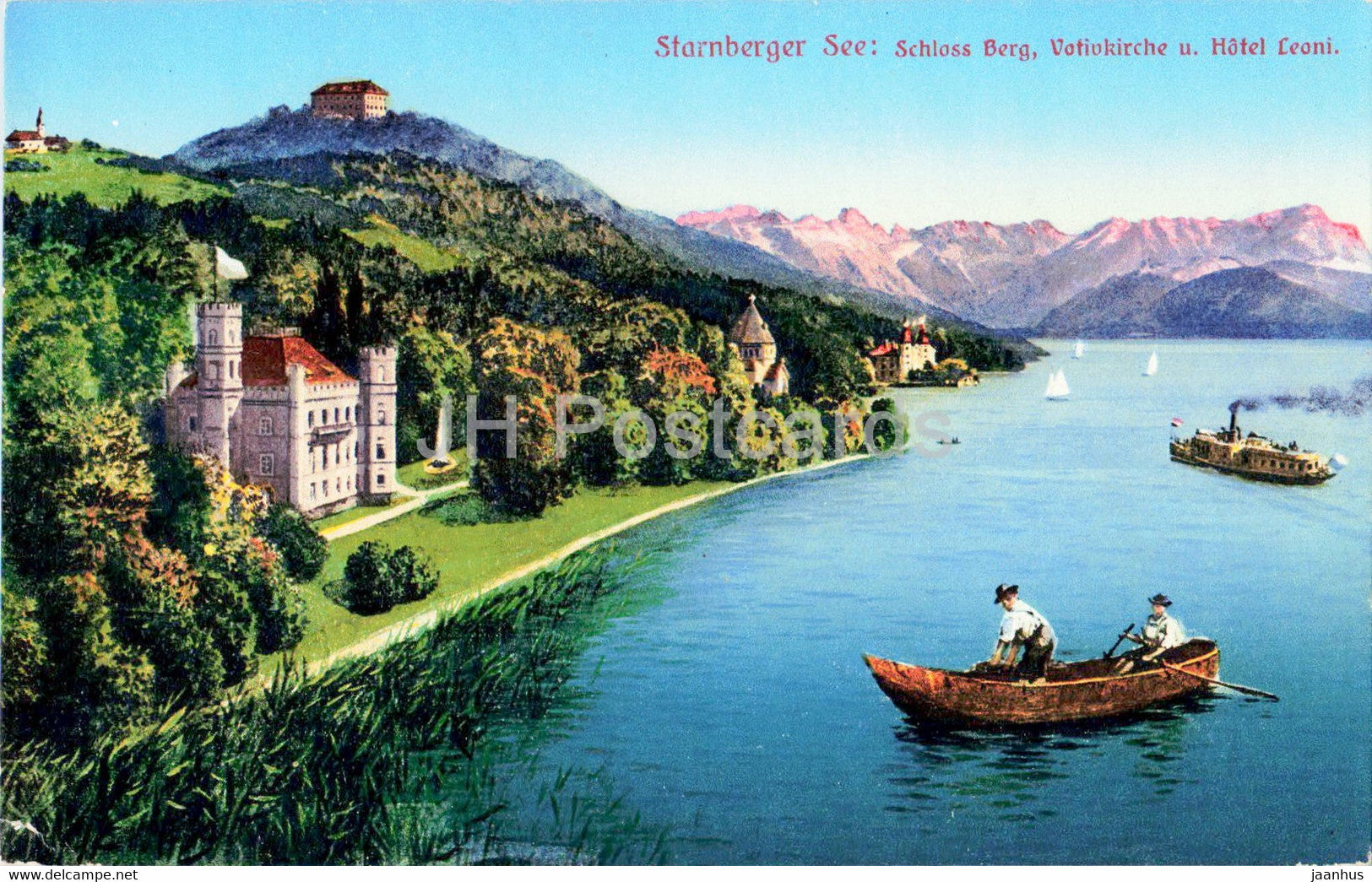 Starnberger See - Schloss Berg - Votivkirche u Hotel Leoni - castle - boat - old postcard - Germany - unused - JH Postcards