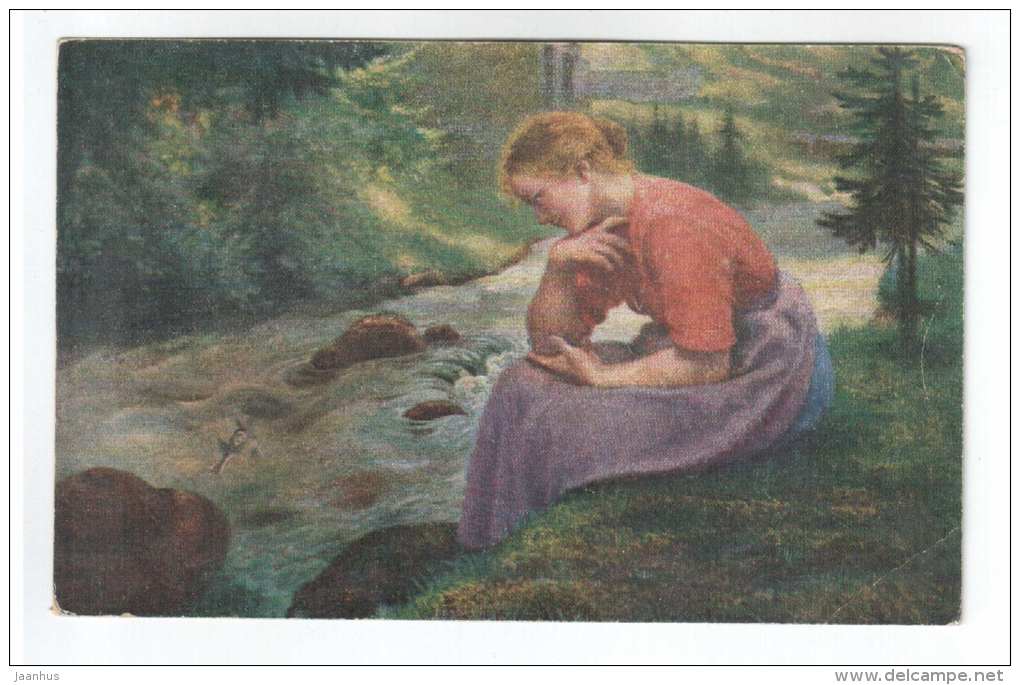 illustration - woman - river - EKN 460 - Emil Köhn - old postcard - Germany - used - JH Postcards