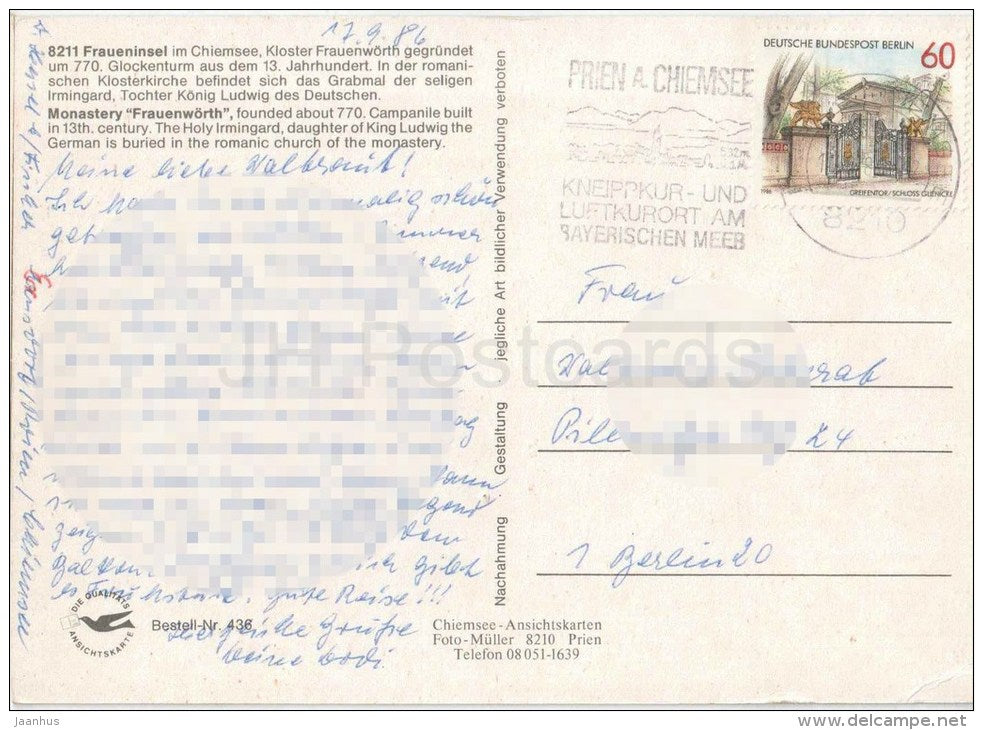 Fraueninsel - Chiemsee - Hochfelln 1677 m - Hochgern 1745 m - monastery Frauenwörth - Germany - 1986 gelaufen - JH Postcards