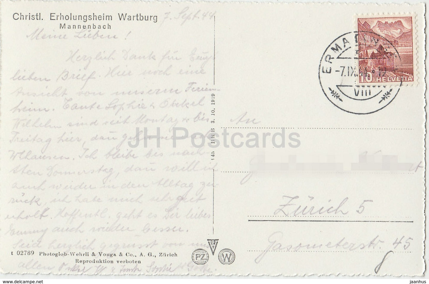 Christl. Erholungsheim Wartburg - Mannenbach - 02789 - Switzerland - 1944 - used