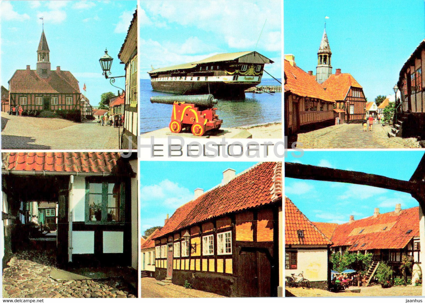 Ebeltoft - town views - town hall - frigate Jylland - ship - multiview - 657 - Denmark - unused - JH Postcards