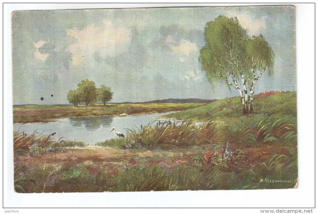 illustration by H. Lissmann - birches - white stork - Peluba 271 - old postcard - Germany - unused - JH Postcards