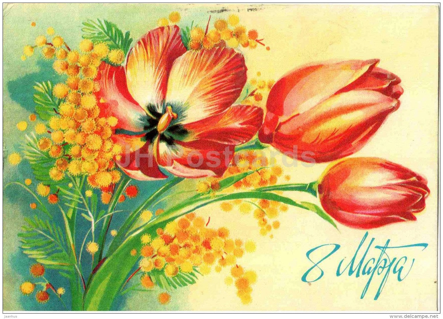 8 March International Women's Day greeting card - flowers - tulips - postal stationery - 1981 - Russia USSR - used - JH Postcards