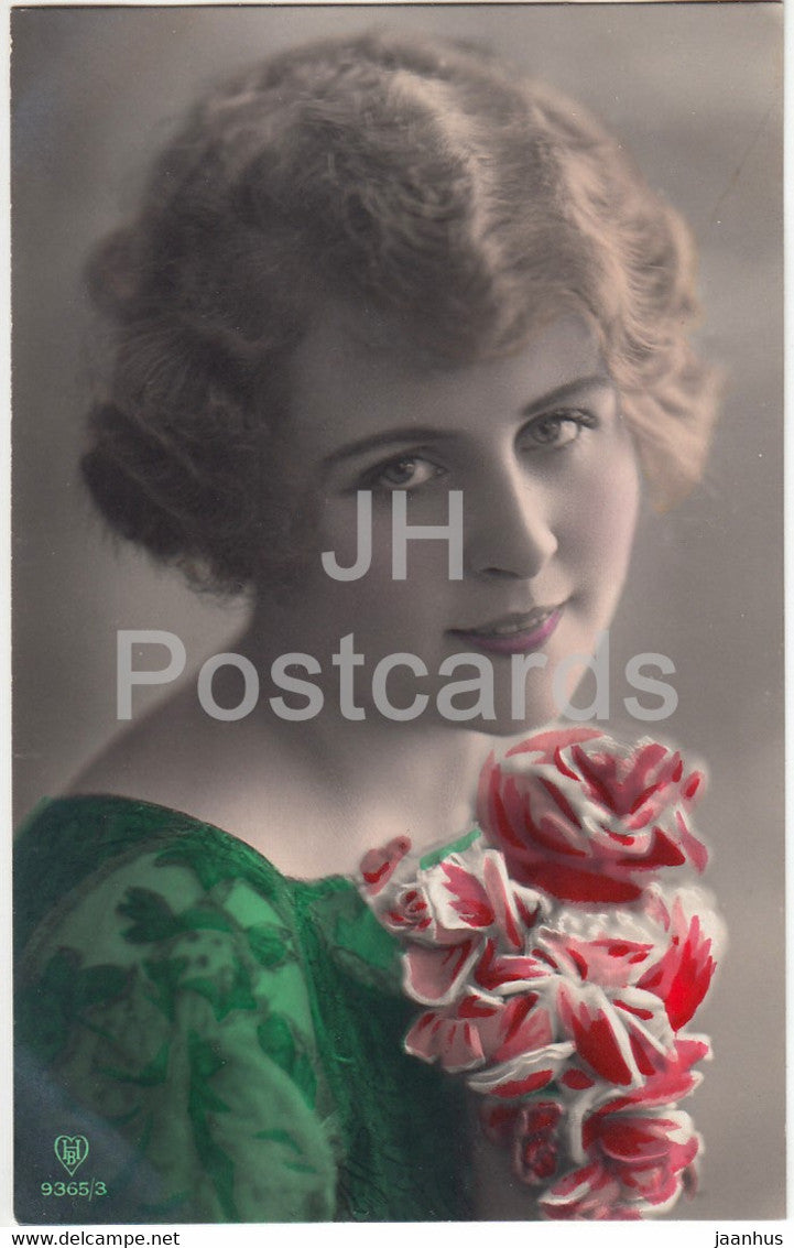 woman - roses - flowers - HB 9365/3 - old postcard - used - JH Postcards