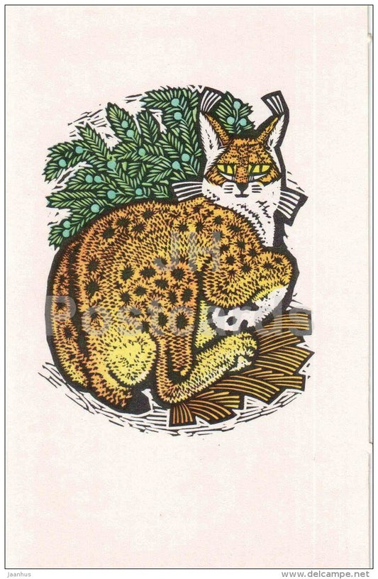 Lynx - illustration by V. Penzin - Decorative Birds and Animals - 1972 - Russia USSR - unused - JH Postcards