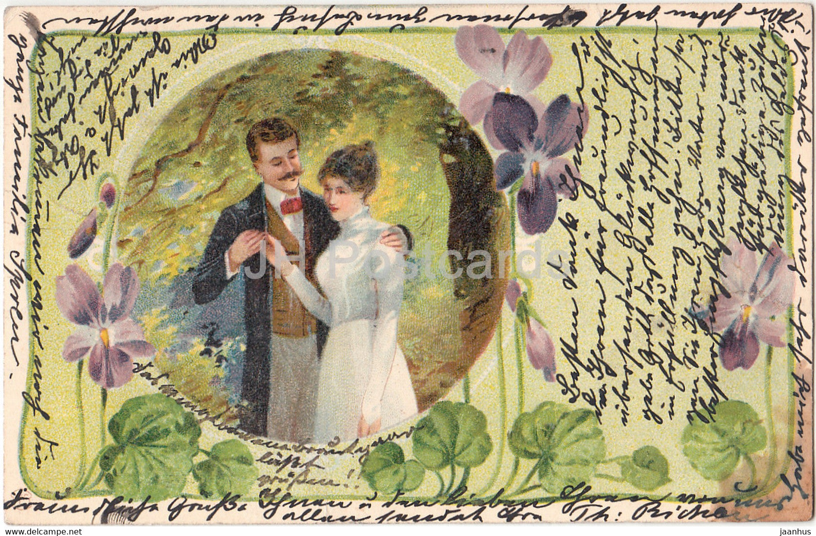 couple - man and woman - flowers - illustration - old postcard - 1903 - used - JH Postcards