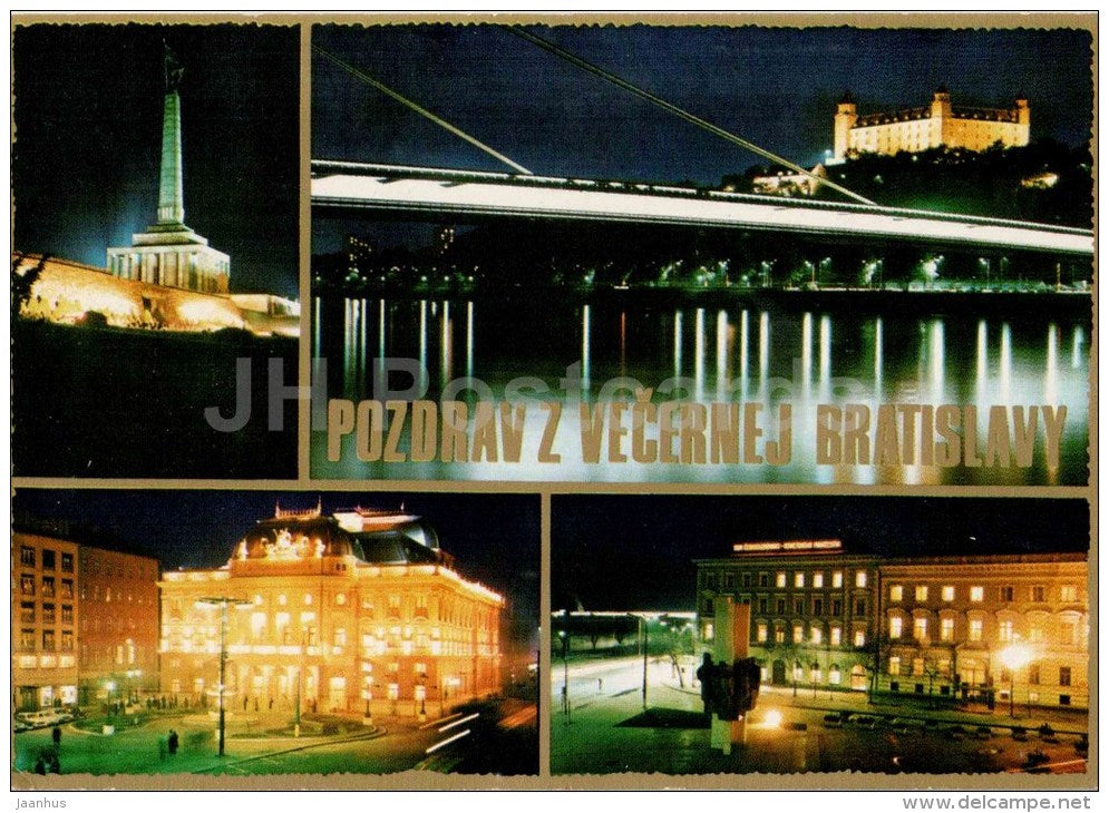 greetings from Bratislava - Slavin - castle - National Theatre - Czechoslovakia - Slovakia - used 1977 - JH Postcards