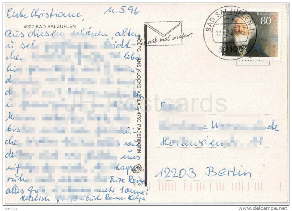 Bad Salzufeln - Rosengarten - Wanderhalle - Konzerthalle - An der Salze - Kurhaus - Germany - 1996 gelaufen - JH Postcards