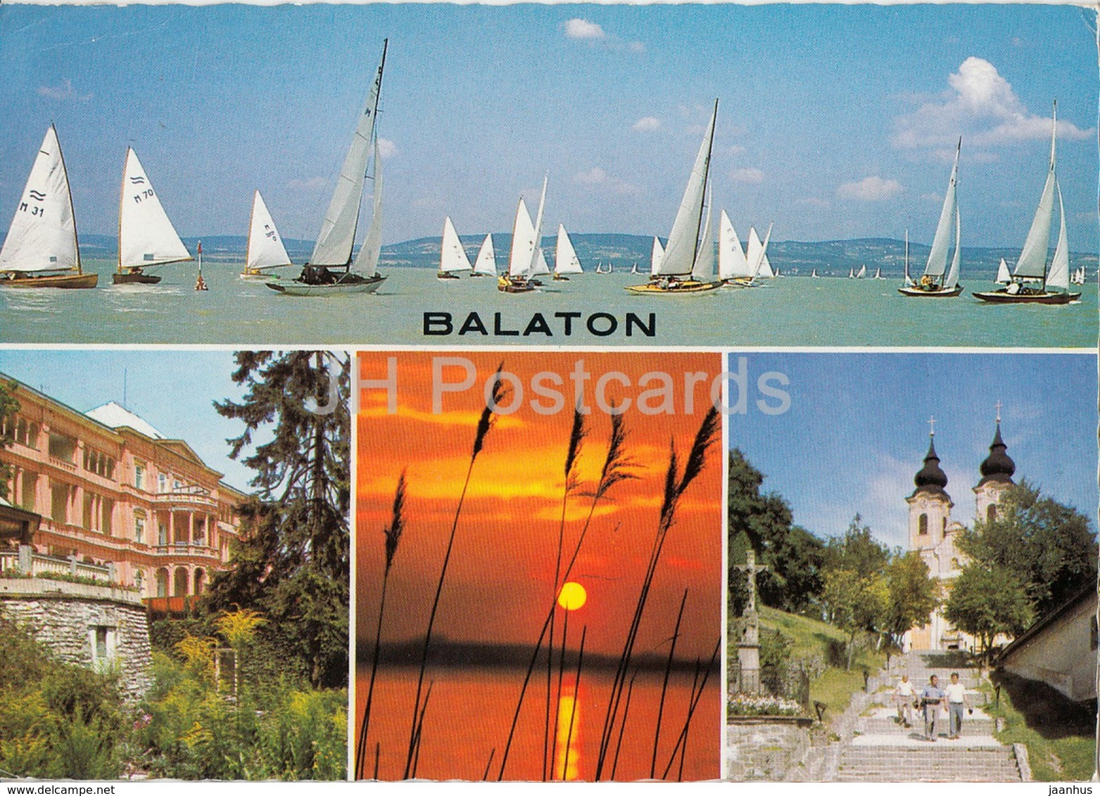 Greetings from the lake Balaton - sailing boat - church - multiview - 1970s - Hungary - used - JH Postcards