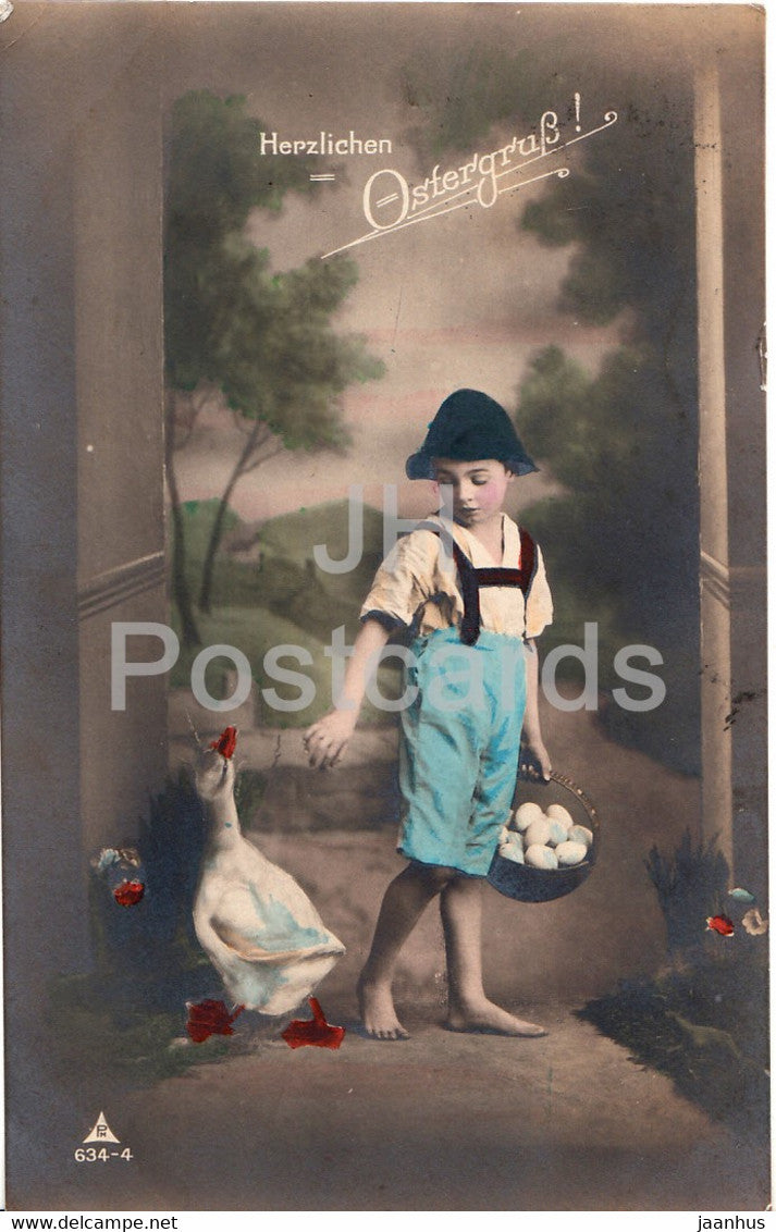 Easter Greeting Card - Herzlichen Ostergruss - boy - duck - eggs - PH 634-4 - old postcard - 1923 - Germany - used - JH Postcards