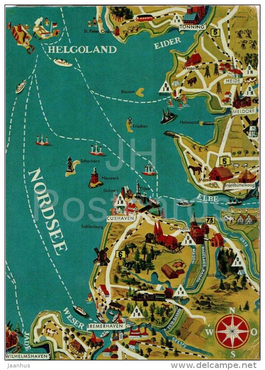 Die Nordsee zwischen Eiden und Jade - karte - map - Baltic Sea - Germany - 1965 gelaufen - JH Postcards