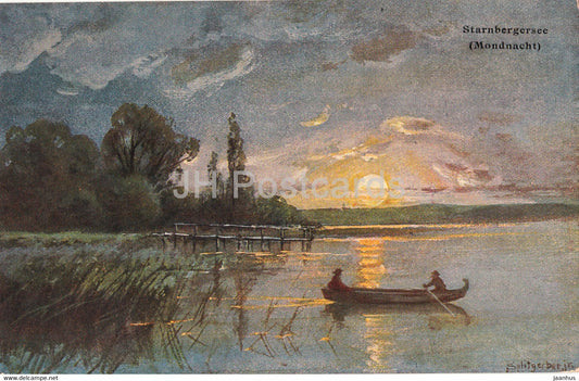 Starnberger See - Mondnacht - illustration - boat - old postcard - Germany - unused - JH Postcards