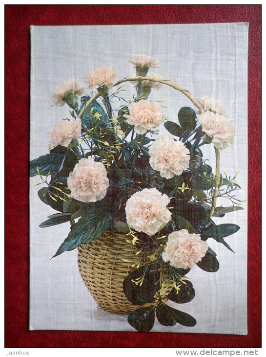 Greeting card - composition White Carnations in a Basket - flowers - 1987 - Estonia USSR - used - JH Postcards