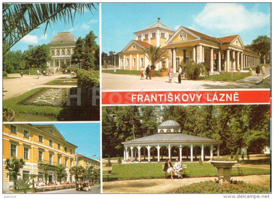 Frantiskovy Lazne - spa - Peace square - Social House , cafe - Luisa Source - Czechoslovakia - Czech - used 1990 - JH Postcards