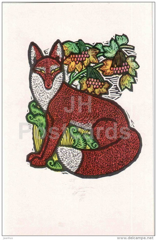 Fox - illustration by V. Penzin - Decorative Birds and Animals - 1972 - Russia USSR - unused - JH Postcards