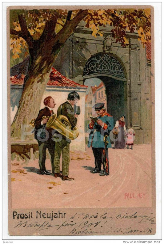 New Year greeting card - Prosit Neujahr - illustration by Paul Hey - Germany - used in 1908 - JH Postcards