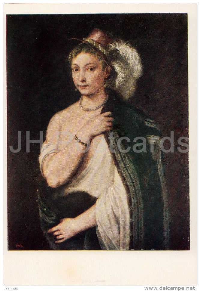 painting by Titian - Portrait of a Young Woman - hat - Italian art - Russia USSR - 1957 - unused - JH Postcards