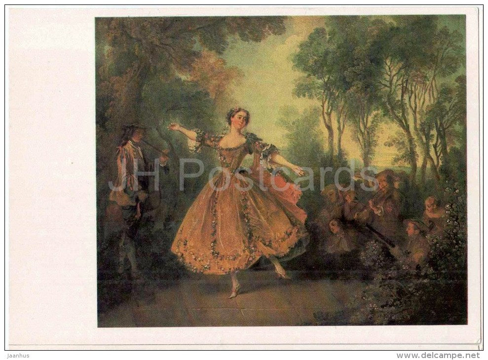 painting by Nicolas Lancret - Mademoiselle deCamargo Dancing - musicians - french art - unused - JH Postcards