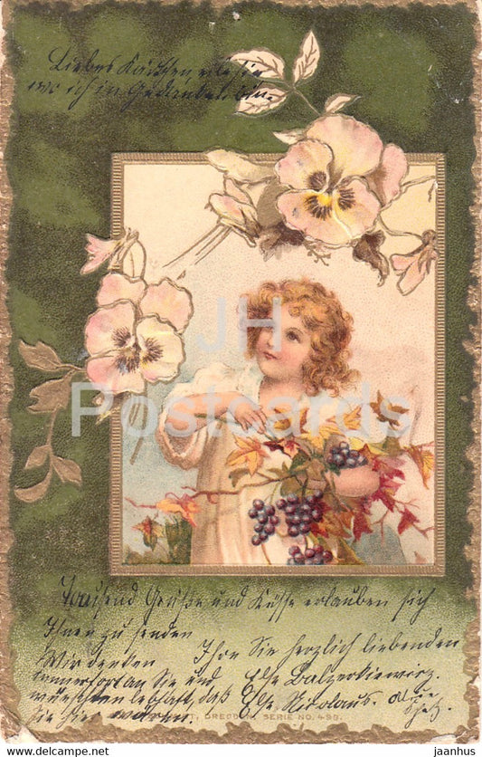 boy - flowers - illustration - Serie No 498 -  old postcard - 1902 - used - JH Postcards