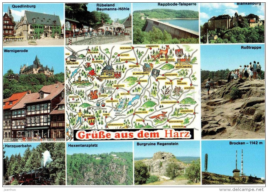 Grüsse aus dem Harz - Quedlinburg - Wernigerode - Harzquerbahn - Hezentanzplatz - Brocken - Germany - 1996 gelaufen - JH Postcards