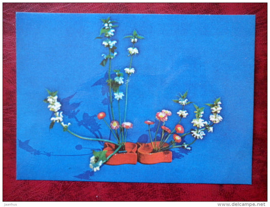 flower composition, ikebana - Under Mother´s Wing - daisy -  White nettle - 1980 - Estonia USSR - unused - JH Postcards