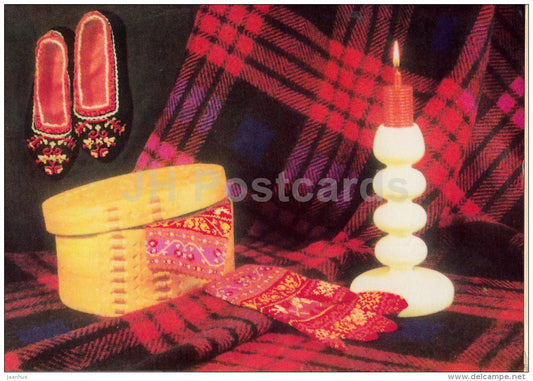 New Year greeting card - 3 - woven slippers - mittens - candle - national patterns - 1975 - Estonia USSR - used - JH Postcards