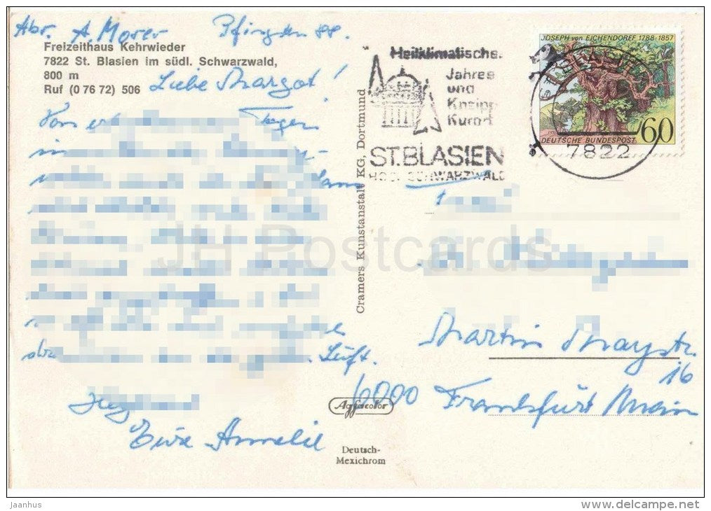 Freizeithaus Kehrwieder - St. Blasien im Südl. Schwarzwald - Germany - 1988 gelaufen - JH Postcards