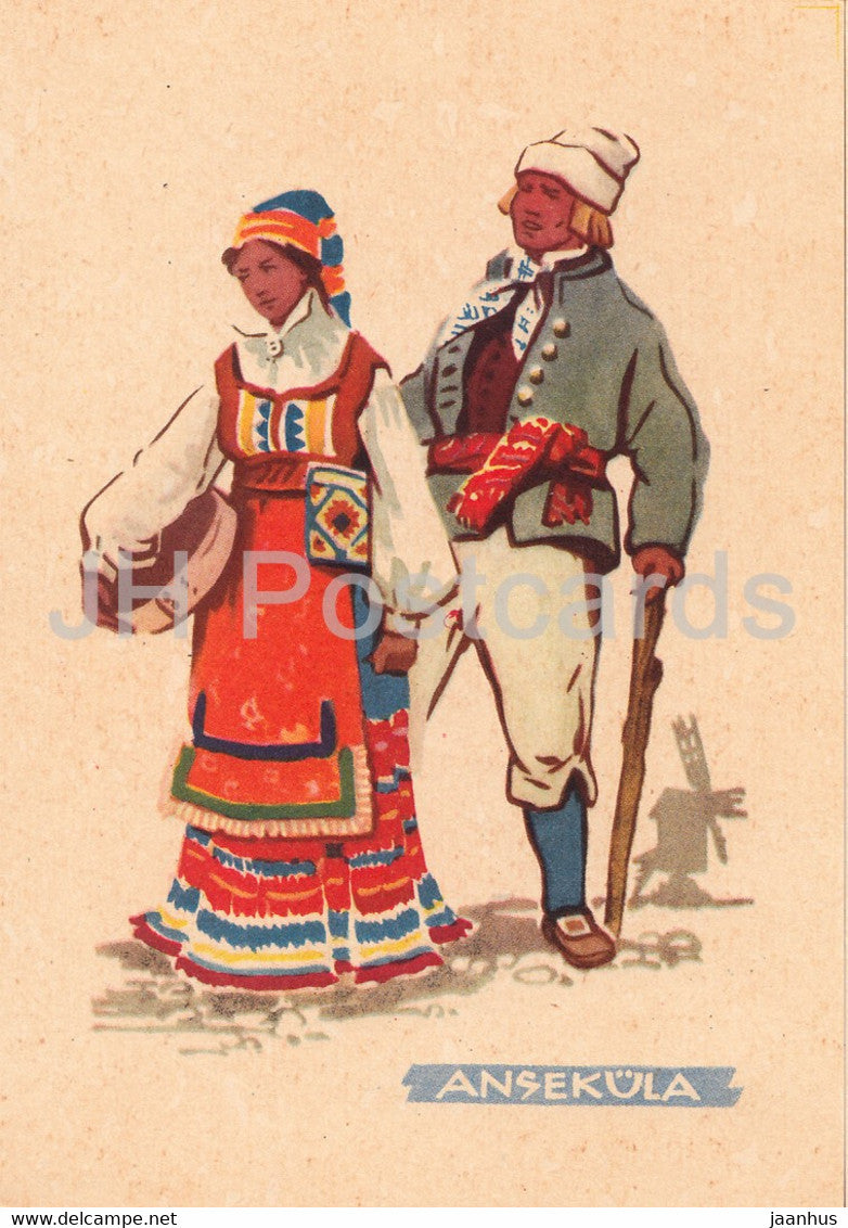 Estonian Folk Costumes - Ansekula - illustration by A. Vender - 1960 - Estonia USSR - unused - JH Postcards