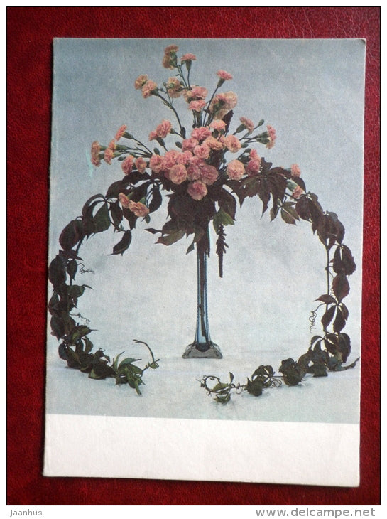 Greeting card - composition - pink carnations - flowers - 1987 - Estonia USSR - used - JH Postcards