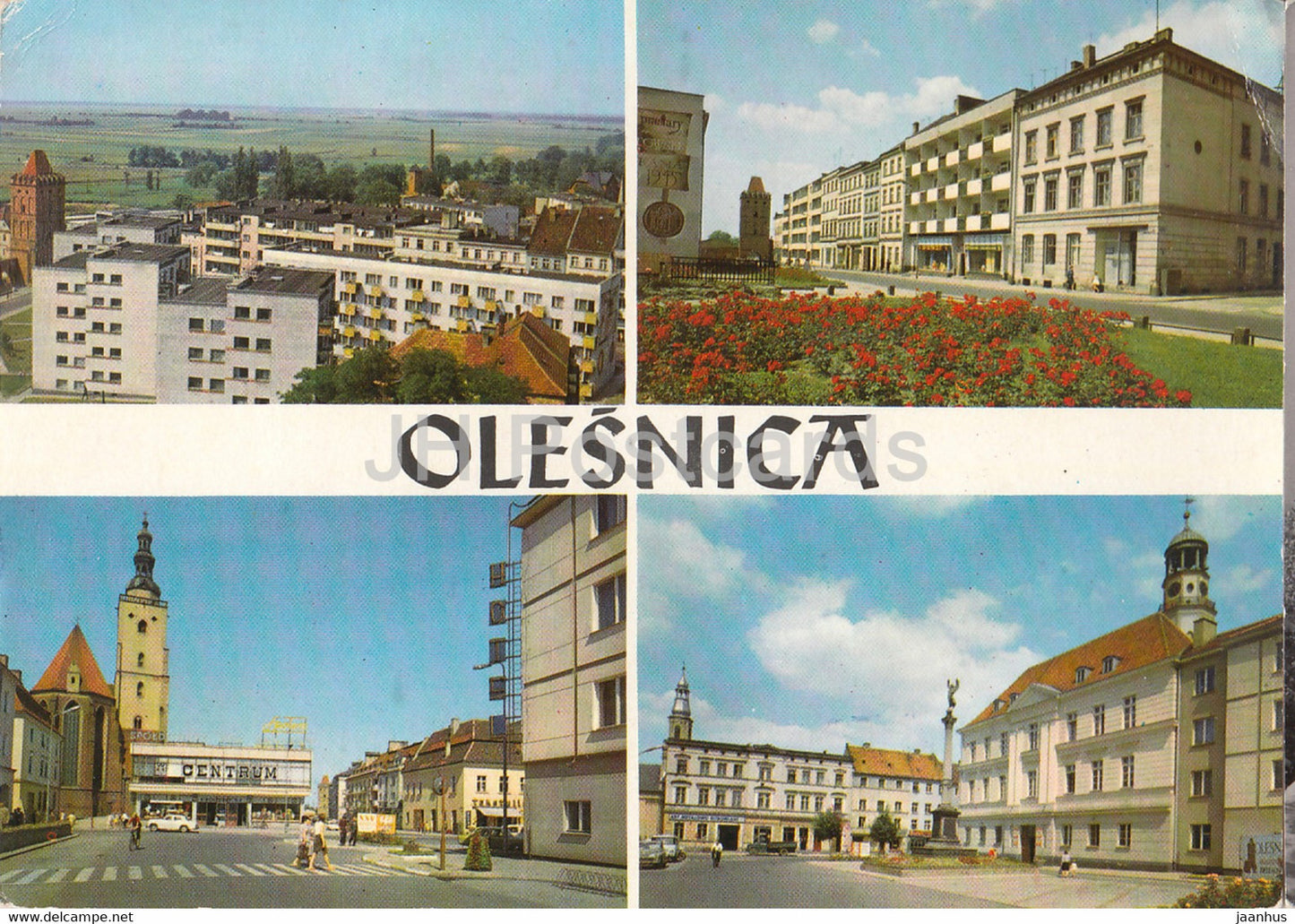 Olesnica - market - town hall - Wroclawska street - multiview - 1974 - Poland - used - JH Postcards