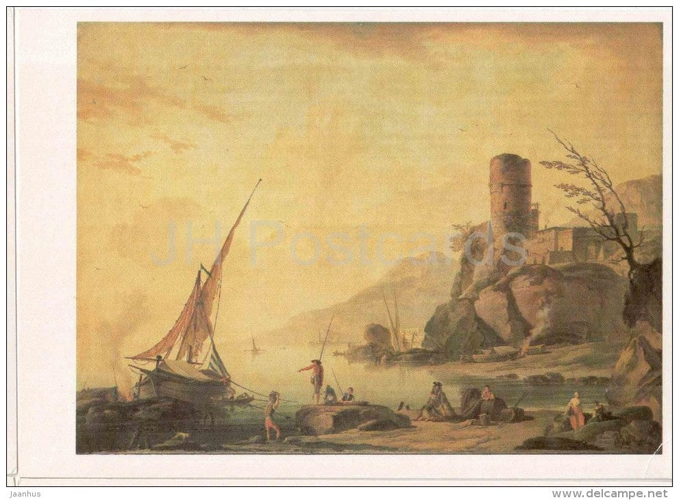 painting by Charles Francois Lacroix - Harbor with Tower - sailing boat - french art - unused - JH Postcards